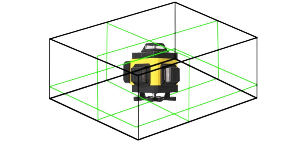 Poziomica Laserowa EXTRALINK 28150, 16 linii, zielony, 360°, płaszczyzny, Niwelator 360° rysujący linie w pustym pokoju.
