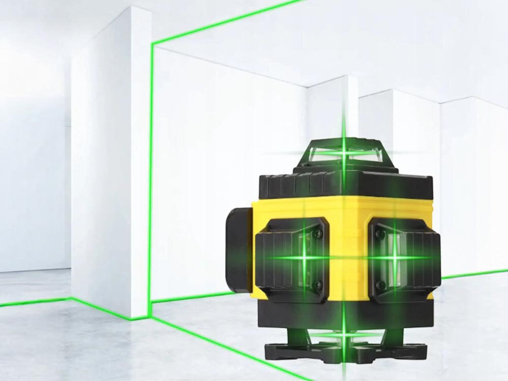 Poziomica Laserowa EXTRALINK 28150, zasięg, 45m, widoczność, jasne, Niwelator z wiązkami krzyżowymi na białym tle.