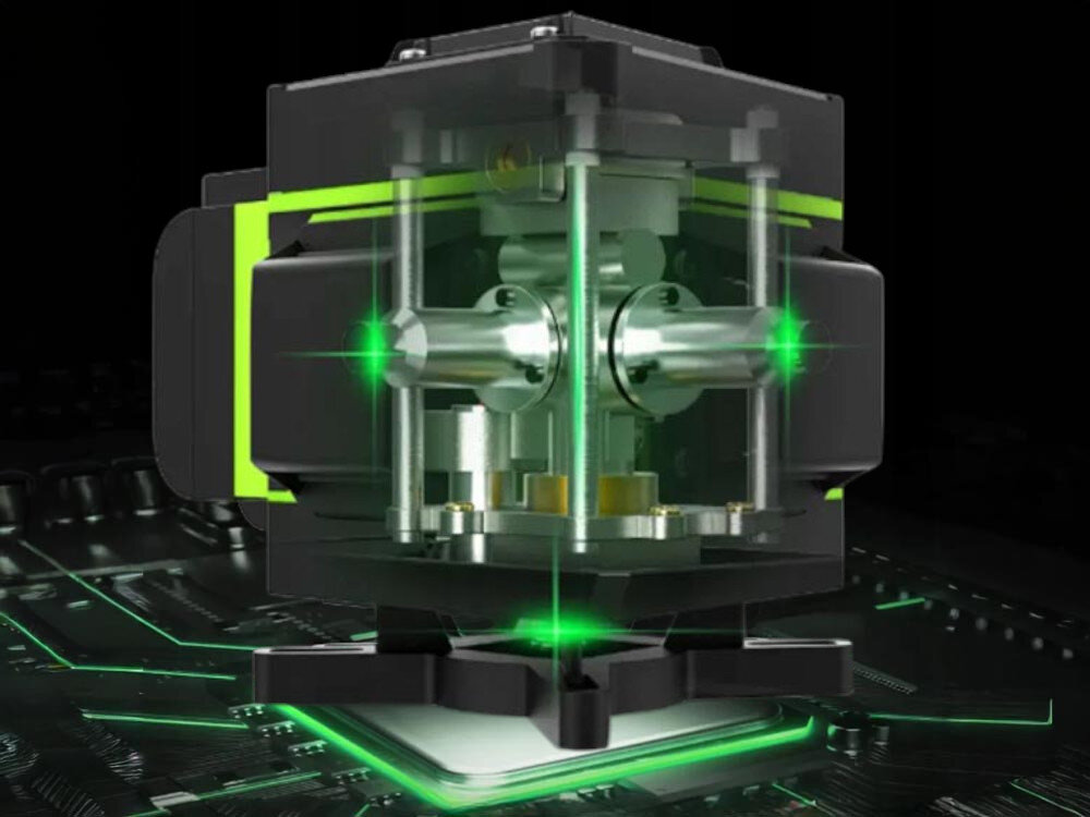 Poziomica Laserowa EXTRALINK 28150, akumulator, 5h, mobilne, bateria, Wnętrze niwelatora laserowego z wiązkami 360°.