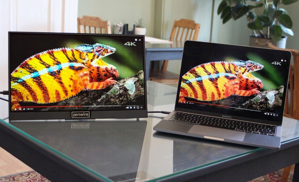 Monitor ZENWIRE M8P Monitor przenośny stojący na szklanym stole obok otwartego laptopa, oba ekrany wyświetlają obraz kolorowego kameleona, opis