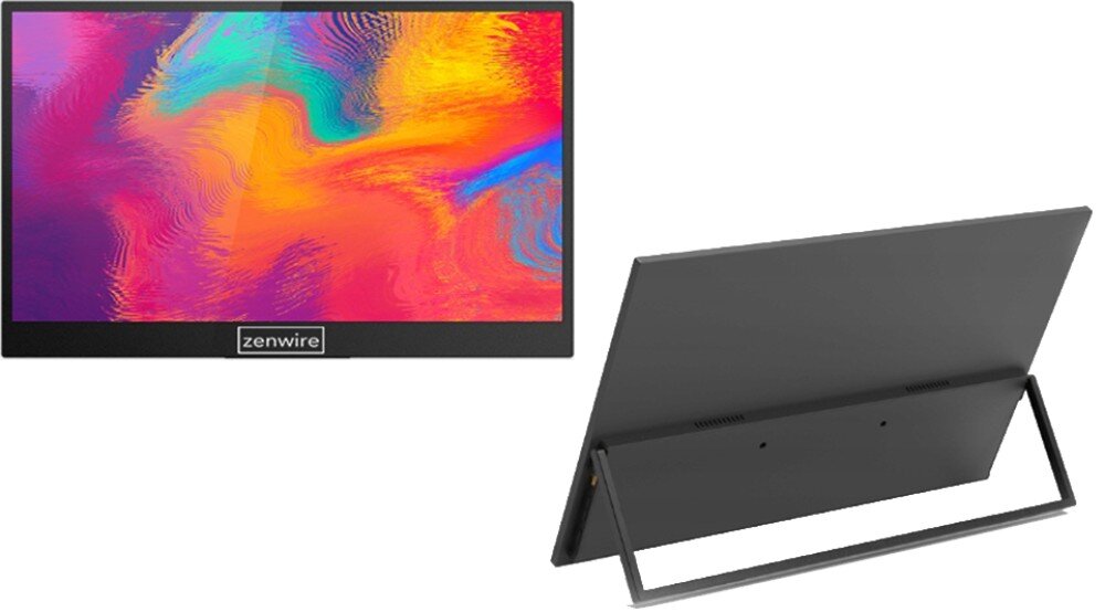Monitor ZENWIRE M8P Dwa ujęcia monitora przenośnego, jedno od przodu z kolorową grafiką na ekranie, drugie od tyłu pokazujące regulowaną podstawkę, podstawka, regulacja, gumowe podkładki