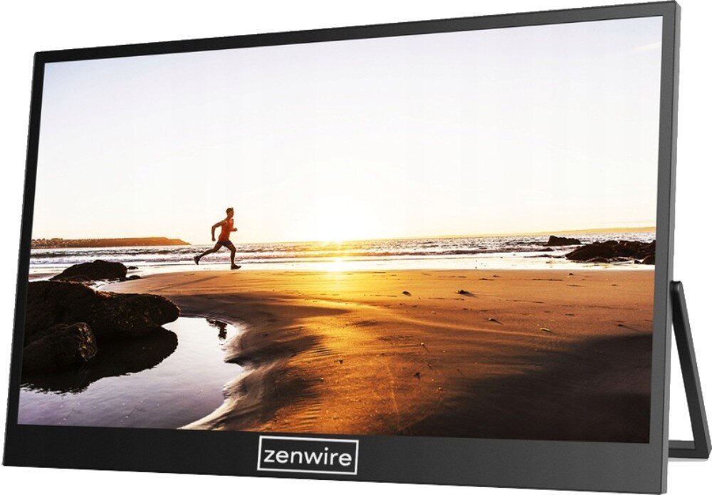 Monitor ZENWIRE M8P Monitor przenośny wyświetlający zdjęcie biegacza na plaży przy zachodzie słońca, widoczna regulowana podstawka z boku, głośniki, dźwięk, wyjście audio