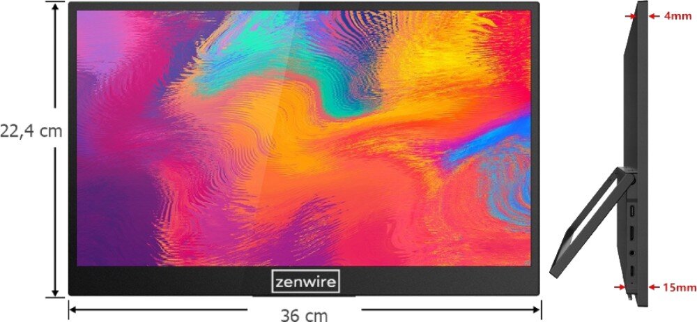 Monitor ZENWIRE M8P Monitor przenośny pokazany z przodu i z boku z wymiarami 36 cm szerokości, 22,4 cm wysokości oraz grubością od 4 do 15 mm, ekran prezentuje kolorową grafikę, kompatybilność, system, konfiguracja