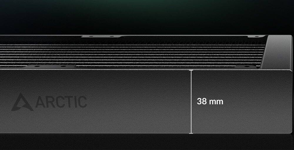 Chłodzenie wodne ARCTIC Liquid Freezer III Pro 360 Boczny profil chłodnicy z zaznaczoną strzałką grubością wynoszącą 38 mm oraz logo producenta