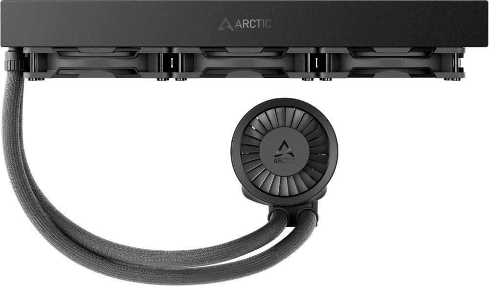 Chłodzenie wodne ARCTIC Liquid Freezer III Pro 360 Chłodnica z zamontowanymi wentylatorami widoczna od boku, od której odchodzą dwa zakrzywione wężyki prowadzące do okrągłej bloko-pompki