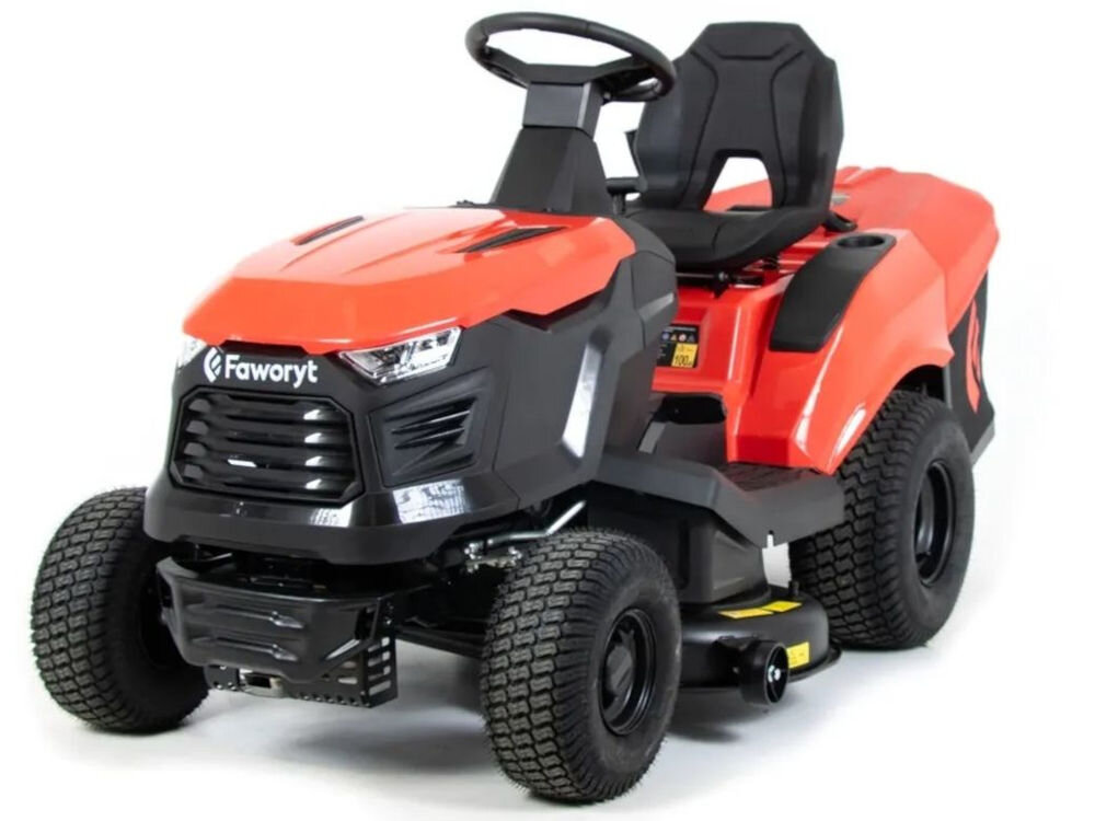 Traktor ogrodowy FAWORYT DT98H452, konstrukcja, stabilność, waga, obudowa, Czerwono-czarny traktorek kosiarka marki Faworyt na białym tle.