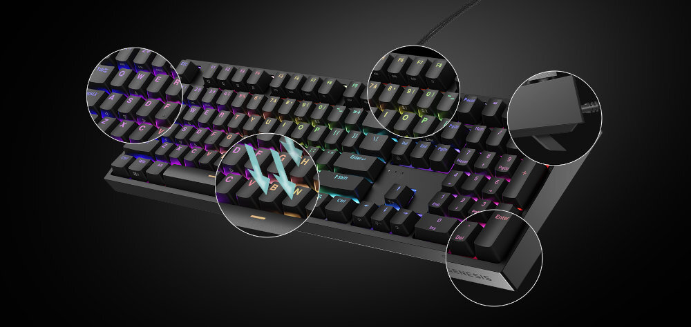 GENESIS Thor 404 Zamknięta obudowa Masywna rama Klasycznie wyprofilowane klawisze technologii Double-Shot Wysokiej klasy stabilizatory fabryczne smarowanie przełączniki Outemu Peach Silent