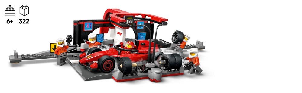 Zestaw LEGO przedstawiający pit stop z czerwonym bolidem i mechanikami w białych kaskach. W lewym górnym rogu widoczne są ikony z oznaczeniem wieku 6+ i liczby elementów 322.