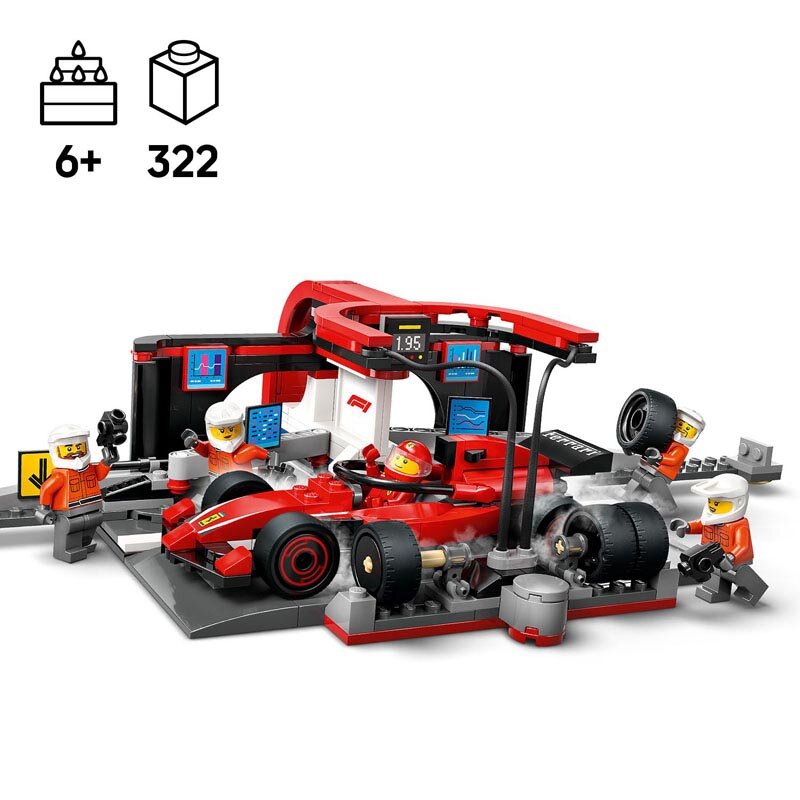 Zestaw LEGO przedstawia pit stop z czerwonym bolidem wyścigowym i kilkoma figurkami mechaników. W tle widoczne są ekrany i narzędzia, a na bolidzie znajduje się logo Ferrari.