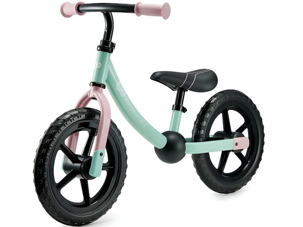 ROWEREK BIEGOWY KINDERKRAFT 2WAY NEXT 2025 CANDY MINT różowo miętowy rowerek stoi bokiem gumowe uchwyty czarne koła białe tło ergonomia trwałość kompaktowe wymiary 86 cm długości 38 cm szerokości koła o średnicy 30 cm w domu na świeżym powietrzu stalowa rama 22-centymetrowe siodełko do dzieci o wadze do 35 kg wiele radosnych chwil solidność wygoda