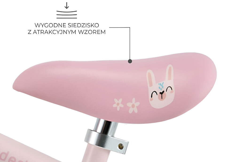 ROWEREK BIEGOWY KINDERKRAFT CUTIE FLASH PINK białe tło zbliżenie na różowe siedzisko z obrazkiem zwierzątka siedzisko komfort styl delikatna łatwa do czyszczenia ekoskóra przyjemność użytkowania praktyczność urocze zwierzęce grafiki ulubiony towarzysz każdej zabawy ergonomiczna konstrukcja precyzyjne wykonanie funkcjonalny stylowy wybór