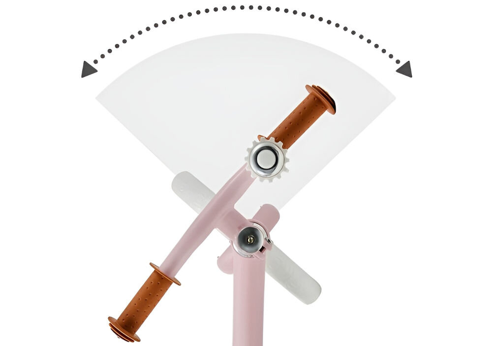 Rowerek biegowy KINDERKRAFT Fly Plus Różowy białe tło jasna obudowa przedstawiony zakres kierownicy konstrukcja kierownicy z ograniczonym kątem skrętu antypoślizgowe gumowe rączki pewny chwyt maksymalna kontrola nad rowerkiem czysta przyjemność przejażdżki 