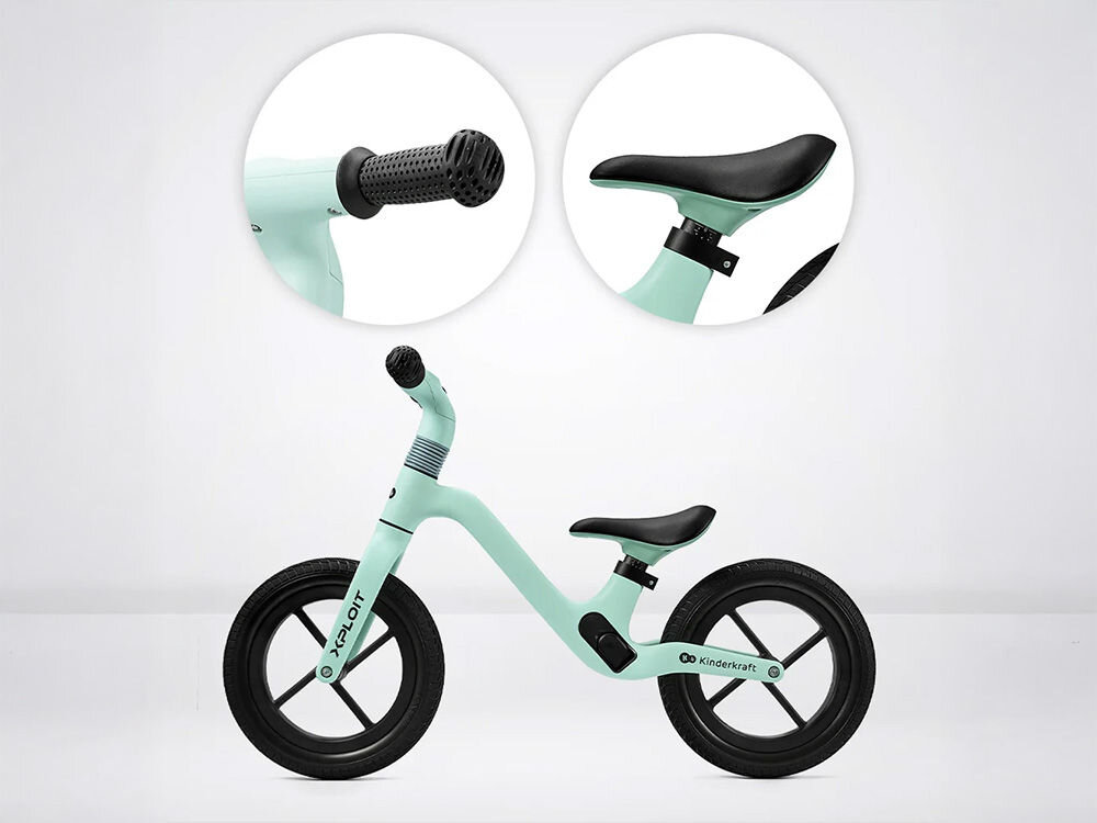 Rowerek biegowy KINDERKRAFT Xploit Turkusowy rower w kolorze turkusowym zbliżenie na czarne siodełko oraz gumowe uchwyty na kierownicy maksymalna wygoda bezpieczeństwo ergonomiczne siodełko miękka dopasowująca się powierzchnia kierownica antypoślizgowy aksamitny w dotyku materiał pewny stabilny chwyt