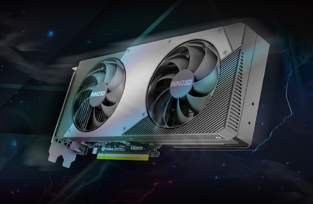 Karta graficzna INNO3D GeForce RTX 5060 Twin X2 OC 8GB Grafika przedstawiająca kartę graficzną z dwoma dużymi wentylatorami na tle ciemnego, abstrakcyjnego tła z niebieskimi i różowymi akcentami, opis
