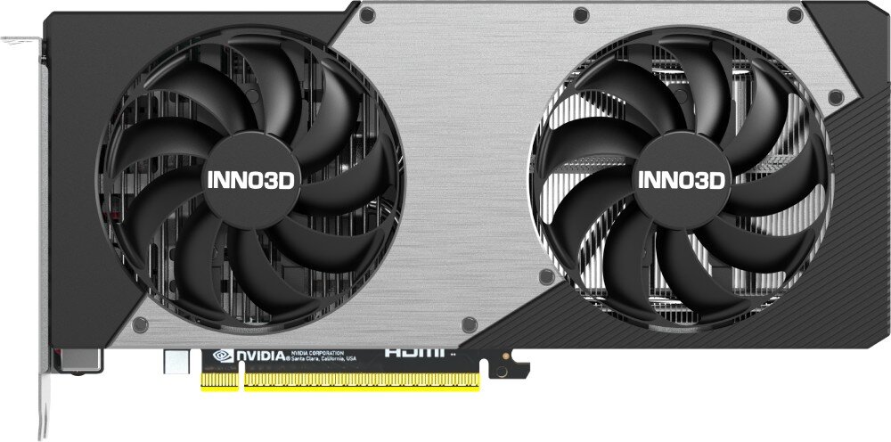 Karta graficzna INNO3D GeForce RTX 5060 Twin X2 OC 8GB Widok z góry na kartę graficzną z dwoma wentylatorami, metalowym frontem i złotym złączem PCIe, chłodzenie, wentylatory, łopatki
