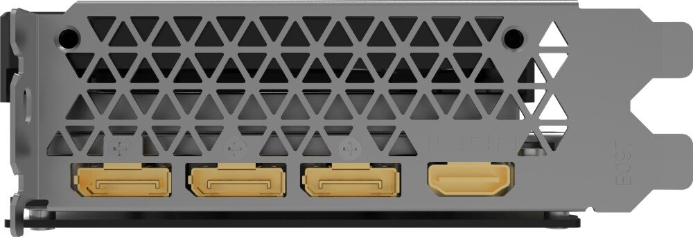 Karta graficzna INNO3D GeForce RTX 5060 Twin X2 OC 8GB Zbliżenie na panel wyjść karty graficznej z trzema portami DisplayPort i jednym HDMI, osadzonymi w metalowej ramce z trójkątnymi otworami wentylacyjnymi, wyjścia, porty, biblioteki kompatybilność