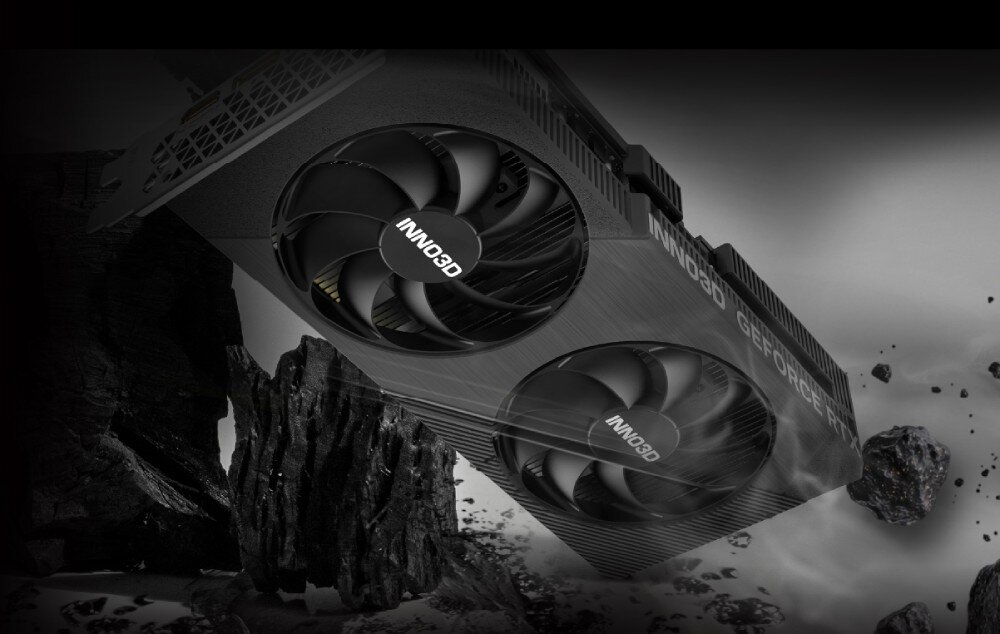 Karta graficzna INNO3D GeForce RTX 5060 Twin X2 8GB Karta graficzna z dwoma dużymi wentylatorami INNO3D widoczna w dynamicznej, przestrzennej scenerii z unoszącymi się odłamkami skał, opis