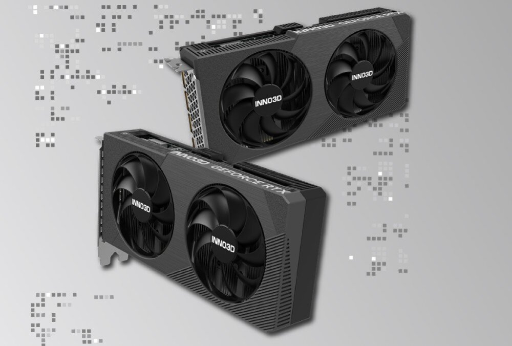 Karta graficzna INNO3D GeForce RTX 5060 Twin X2 8GB Dwie karty graficzne INNO3D przedstawione na tle szarej grafiki z pikselowym wzorem, ujęcie z różnych perspektyw, wielkość, rozmiar