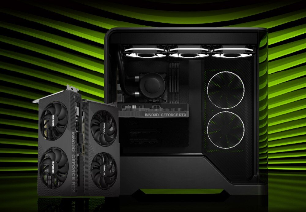 Karta graficzna INNO3D GeForce RTX 5060 Twin X2 8GB Karta graficzna zamontowana w nowoczesnej obudowie komputera z podświetleniem, obok niej druga karta w pozycji pionowej, tło w zielone pasy, architektura, rdzenie CUDA, taktowanie, technologie