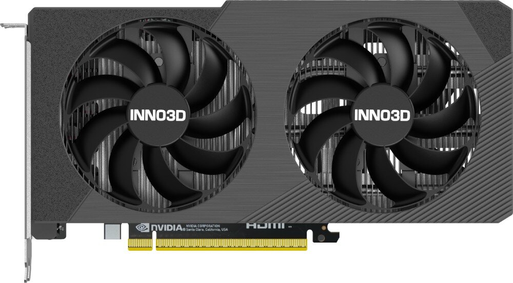 Karta graficzna INNO3D GeForce RTX 5060 Twin X2 8GB Widok z góry na kartę graficzną z dwoma wentylatorami, z wyraźnie widocznym logo INNO3D i złączem PCIe, wentylatory, łopatki