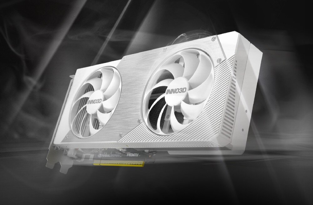 Karta graficzna INNO3D GeForce RTX 5060 Twin X2 OC 8GB Grafika przedstawiająca kartę graficzną z dwoma dużymi wentylatorami na tle ciemnego, abstrakcyjnego tła z niebieskimi i różowymi akcentami, opis