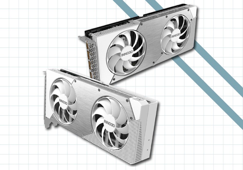 Karta graficzna INNO3D GeForce RTX 5060 Twin X2 OC 8GB Dwie karty graficzne z widocznymi wentylatorami i srebrnymi panelami na tle jasnoniebieskiego tła z pikselowymi grafikami, konstrukcja, wielkość