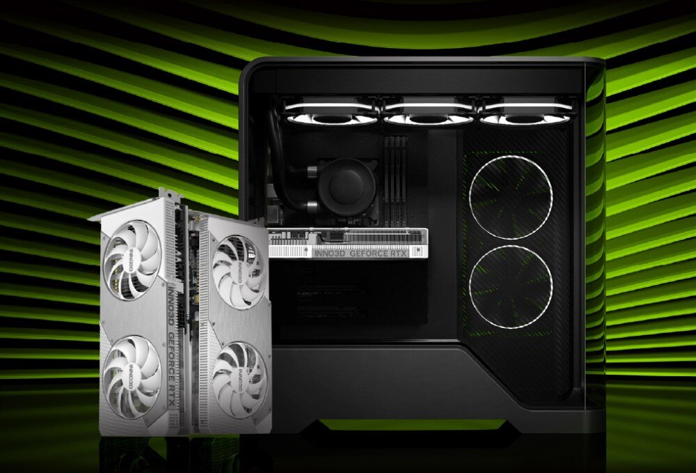 Karta graficzna INNO3D GeForce RTX 5060 Twin X2 OC 8GB Karta graficzna prezentowana obok obudowy komputera z otwartym panelem bocznym, w której znajduje się zamontowana identyczna karta. Tło ma zielono-czarne pasy, architektura, rdzenie CUDA, taktowanie, technologie