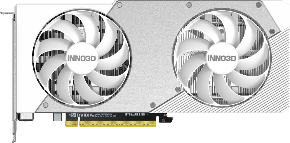 Karta graficzna INNO3D GeForce RTX 5060 Twin X2 OC 8GB Widok z góry na kartę graficzną z dwoma wentylatorami, metalowym frontem i złotym złączem PCIe, chłodzenie, wentylatory, łopatki