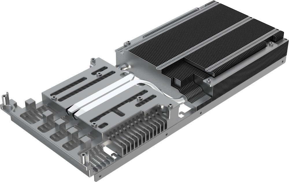 Karta graficzna INNO3D GeForce RTX 5060 Twin X2 OC 8GB Obraz ukazujący wewnętrzną budowę chłodzenia karty graficznej – widoczne rurki cieplne, radiatory i elementy aluminiowe, ciepłowody, radiator