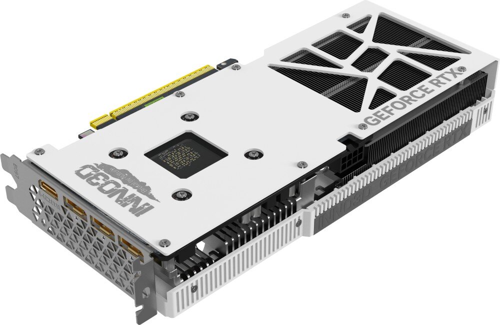 Karta graficzna INNO3D GeForce RTX 5060 Twin X2 OC 8GB Tylny widok karty graficznej z białym backplate’em, otworami wentylacyjnymi i logo producenta. Widoczne są także złącza DisplayPort i HDMI, metalowy backplate, wzmocnienie