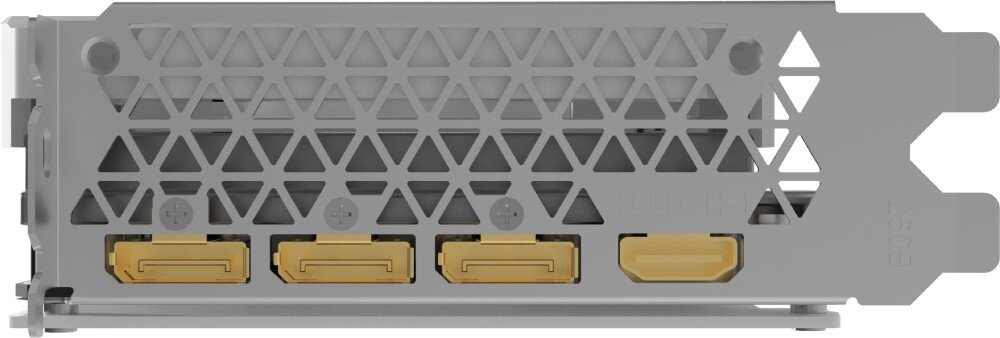 Karta graficzna INNO3D GeForce RTX 5060 Twin X2 OC 8GB Zbliżenie na panel wyjść karty graficznej z trzema portami DisplayPort i jednym HDMI, osadzonymi w metalowej ramce z trójkątnymi otworami wentylacyjnymi, wyjścia, porty, biblioteki kompatybilność