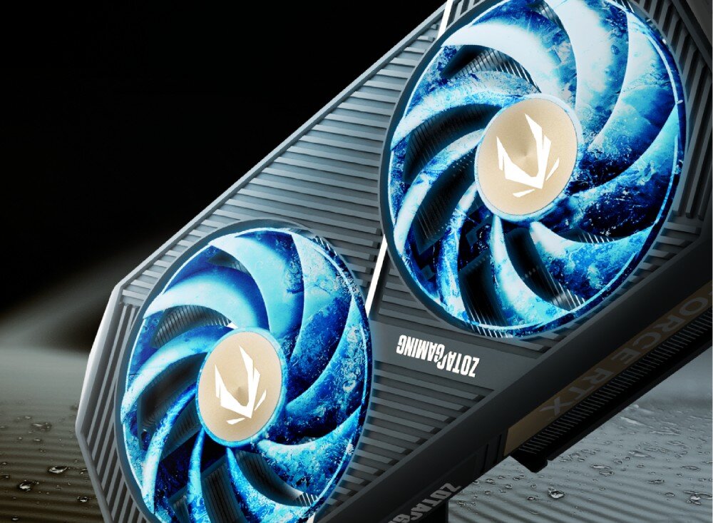 Karta graficzna ZOTAC Gaming GeForce RTX 5060 Ti Twin Edge 16GB zbliżenie na dwa niebieskie wentylatory karty graficznej z logo pośrodku każdego z nich