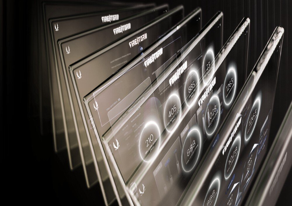 Karta graficzna ZOTAC Gaming GeForce RTX 5060 Ti Twin Edge 8GB kilka przezroczystych ekranów programu 'FireStorm' z interfejsem monitorującym parametry karty graficznej ułożonych warstwowo