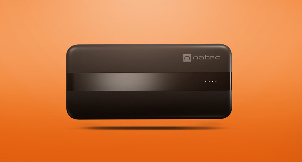 NATEC Trevi Slim Q duża pojemność, porty obsługujące szybkie ładowanie Power Delivery (20W) i Quick Charge (18W) cienka konstrukcja - powerbank na pomarańczowym tle