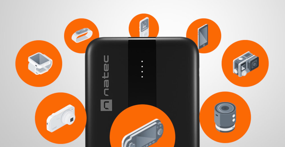 NATEC Trevi Slim Q smartfon, tablet, smartwatch, bezprzewodowe słuchawki portów wejściowych i wyjściowych Inteligentne ładowanie - powerbank, a wokół grafiki urządzeń, aparat, konsola, kamera, telefon, smartwatch