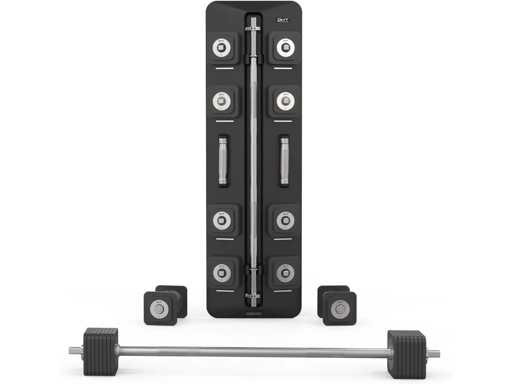 Zestaw hantli S-LINE SA032 2 x 10 kg + sztanga 121 cm zestaw na białym tle widoczny od przodu po bokach leżą hantelki z przodu leży sztanga gryfy krótkie i sztanga 121 cm trening całego ciała można trenować siłowo w domu łączna waga 42 kg dwa krótkie gryfy element łączący