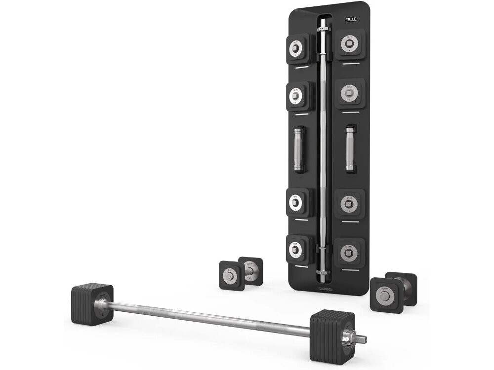 Zestaw hantli S-LINE SA032 2 x 10 kg + sztanga 121 cm zestaw na białym tle widoczny od przodu pod skosem po bokach leżą hantelki z przodu leży sztanga specjalne łączenie gryfów funkcja sztangi o długości 121 cm trening przysiady wyciskanie