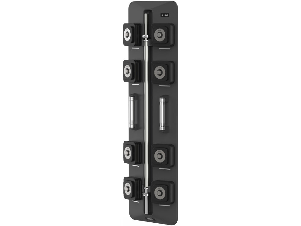 Zestaw hantli S-LINE SA032 2 x 10 kg + sztanga 121 cm zestaw na białym tle widoczny od przodu pod skosem metal gumowe obciążenia ochrona podłogi trening w domu gumowa powłoka obciążeń ogranicza hałas 