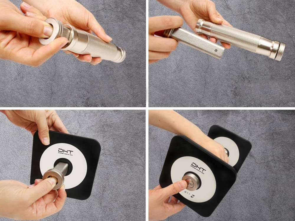Cztery zdjęcia przedstawiające proces montażu hantli. Na dwóch zdjęciach widoczne są ręce trzymające metalowe elementy, a na pozostałych dwóch ręce montujące ciężarki z logo \'DHT\' i oznaczeniem \'2.5 kg\'.