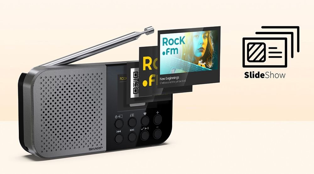 SHARP DR-P520 radio ekran 2 cale SlideShow okładki albumów czytelny interfejs, radio po skosie na jasnym tle