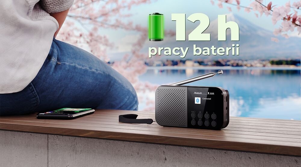 SHARP DR-P520 radio bateria 12 godzin USB C blokada przycisków mobilność, radio stojące na drewenianej ławce
