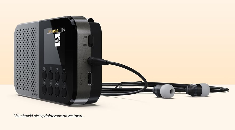 SHARP DR-P520 radio głośnik słuchawkowe elastyczne słuchanie muzyki, radio z podłączonymi słuchawkami po skosie na jasnym tle
