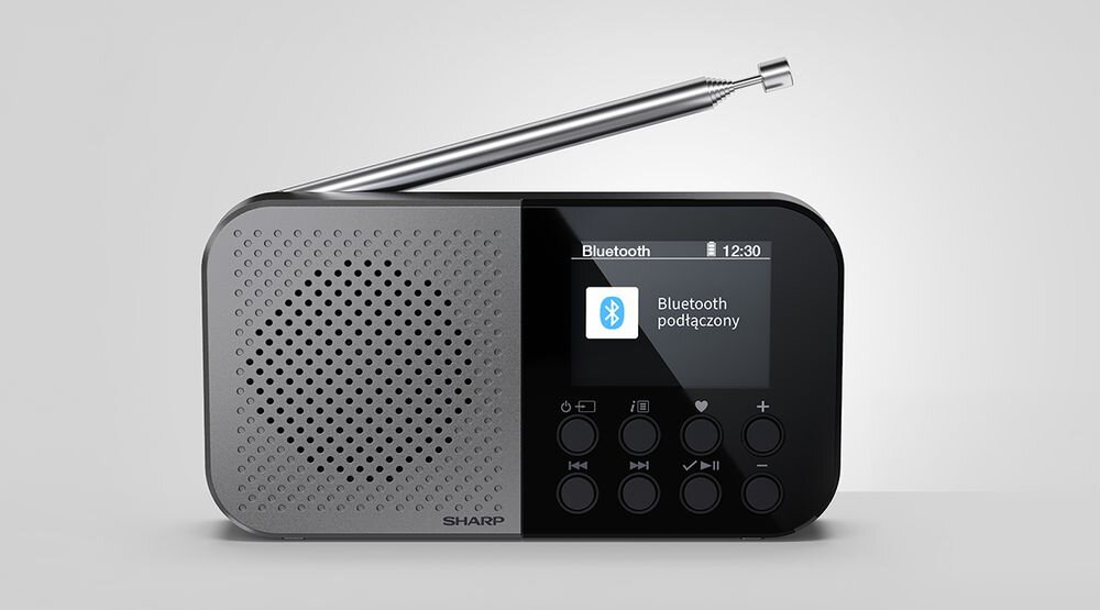 SHARP DR-P520 radio intuicyjne menu 7 języków aktualizacja daty godziny, radio od frontu na jasnym tle