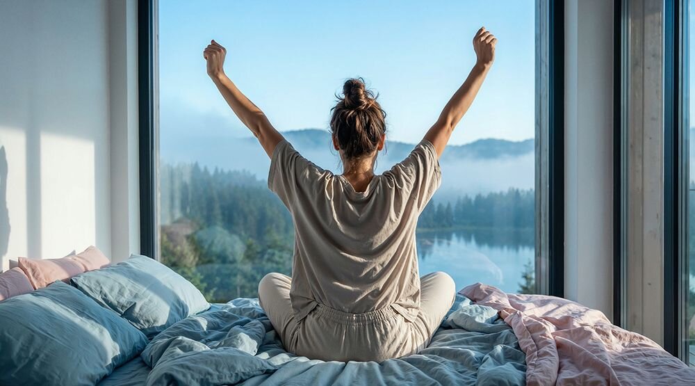 SHARP DR-P520 radio podwójny budzik ulubiona stacja alarm budzenie muzyką, osoba siedzaca po turecku na łóżku