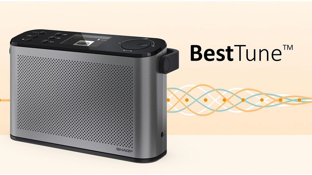 Radio SHARP DR-P540 głośniki stereo DAB+ BestTune czysty dźwięk bez szumów, radio po skosie na jasnym tle