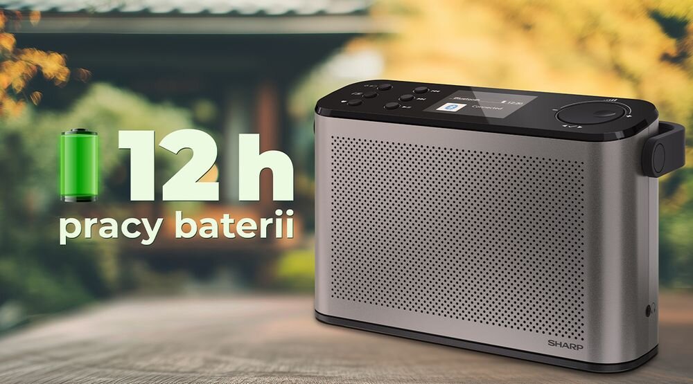 Radio SHARP DR-P540 uchwyt mobilność akumulator 12h USB-C składana antena przenośne radio, radio po skosie na drewnianym blacie