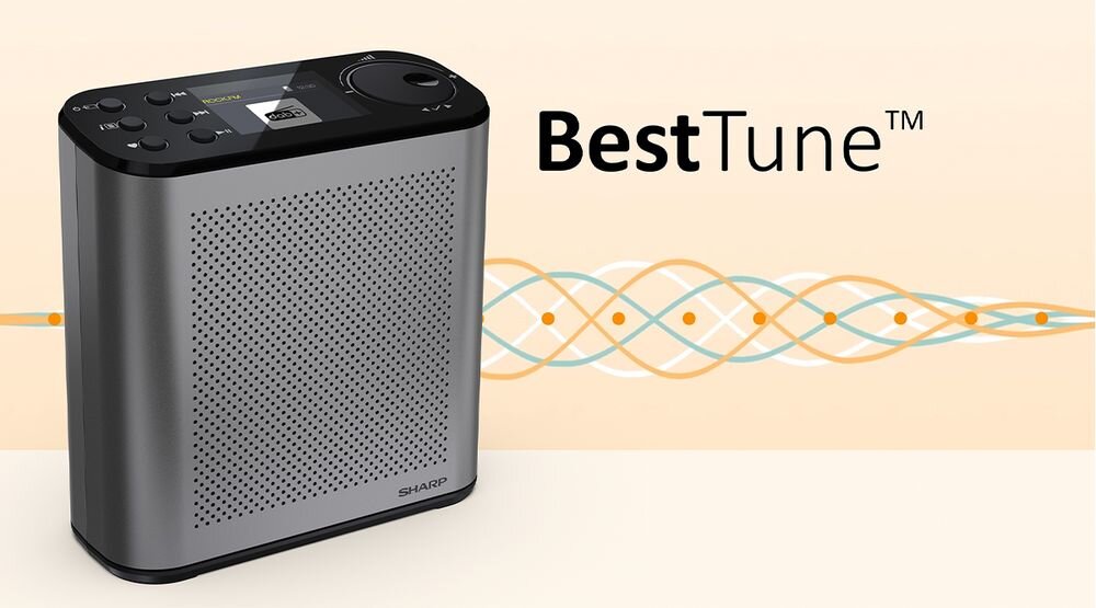Radio SHARP DR-P530 DAB+ Digital Radio Tick BestTune czysty dźwięk, radio po skosie na jasnym tle