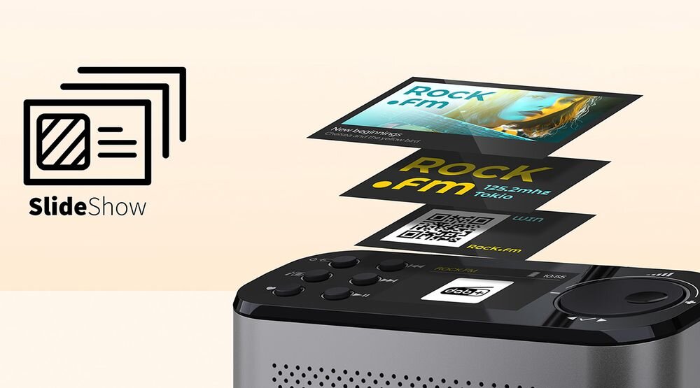 Radio SHARP DR-P530 kolorowy ekran SlideShow okładki albumów jasność, kadr radia na wyświetlacz