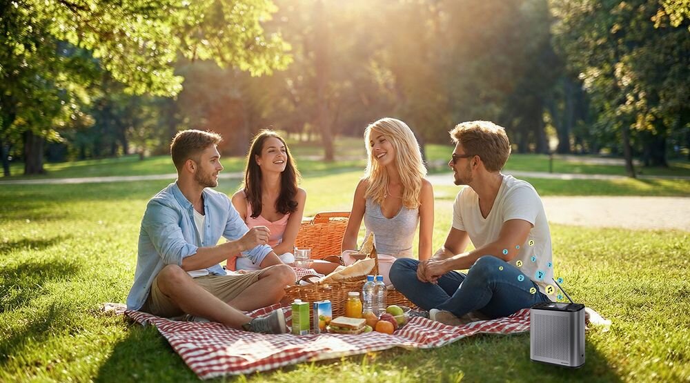 Radio SHARP DR-P530 głośnik wbudowany gniazdo słuchawkowe prywatne słuchanie, osoby siedzące na kocu piknikowym, radio stojące na trawie