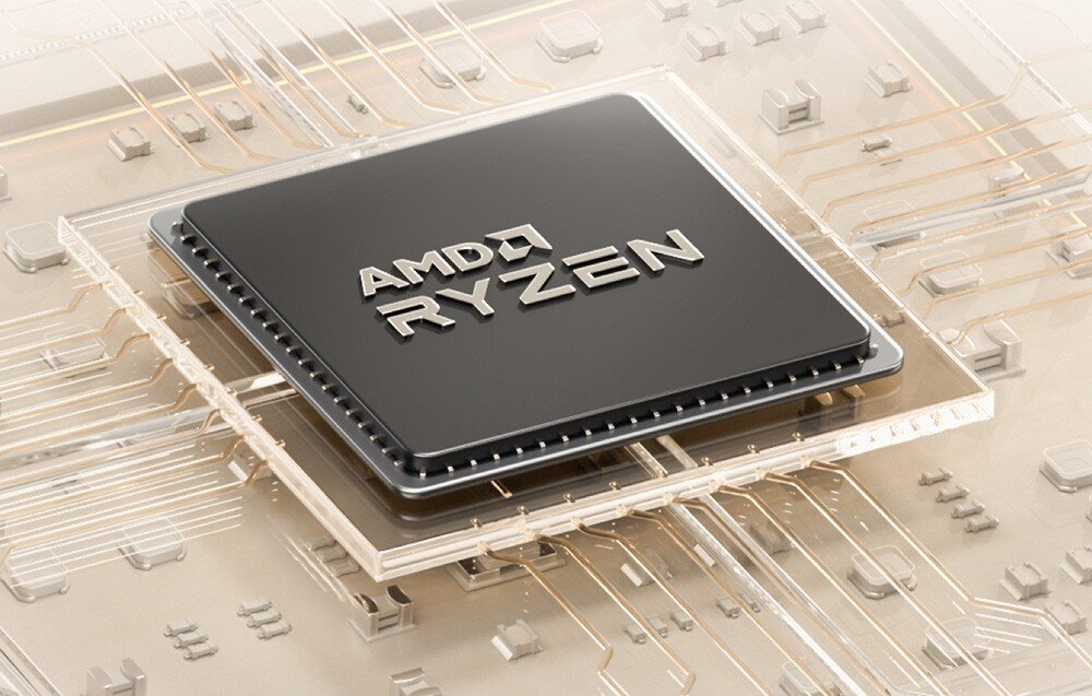 Komputer MINISFORUM UM870 Plus Zbliżenie na procesor AMD Ryzen osadzony na płycie głównej z widocznymi ścieżkami sygnałowymi.